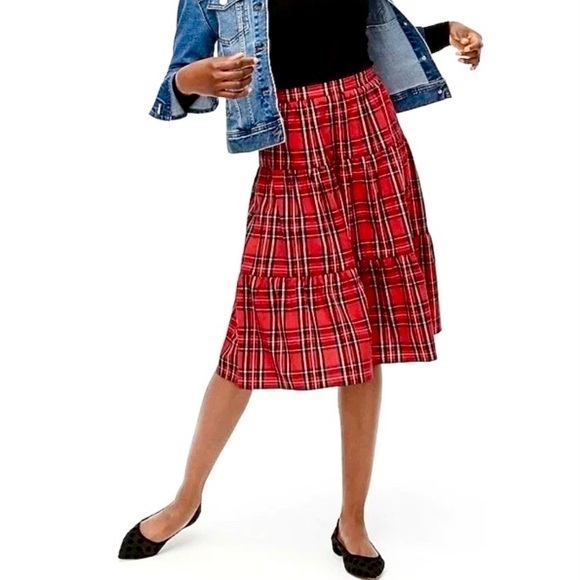 J. Crew NWT Red Black Tartan Plaid 3 Tiered Ruffle Midi Skirt size Large - Picture 3 of 15